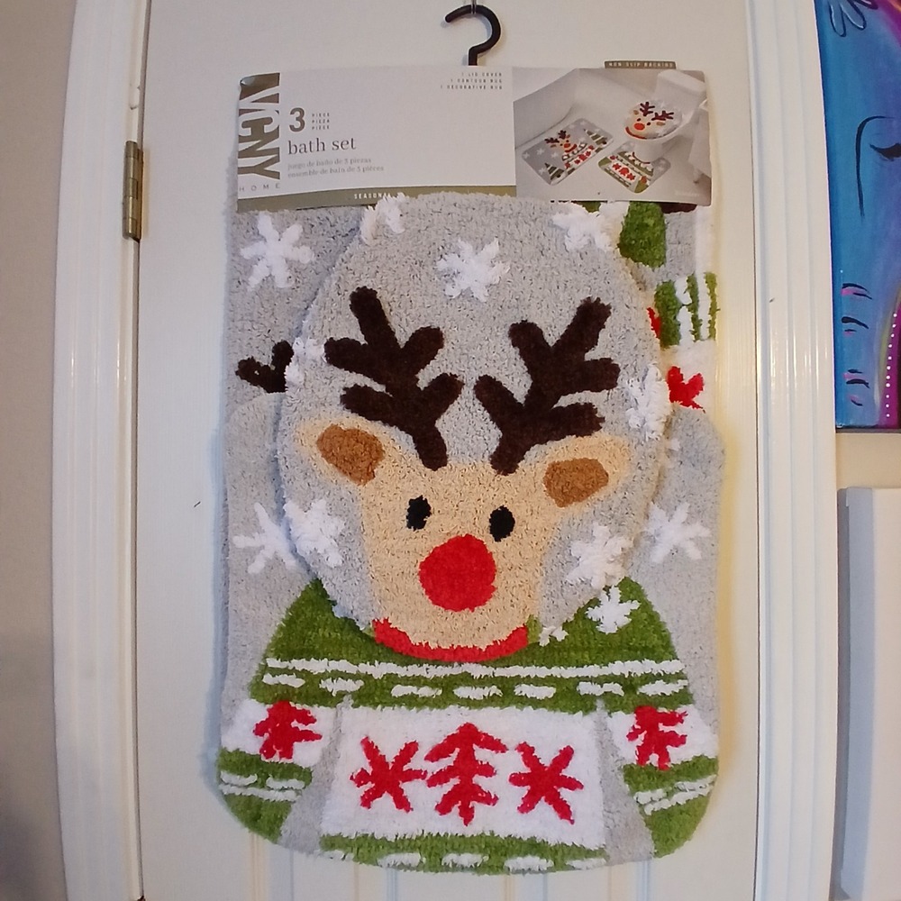 Christmas Sweater Reindeer 3 Piece Bathroom Floor Mat Set